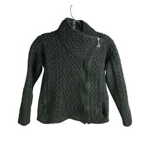 Arancrafts Sweater Womens Sz M Dark‎ Green Asymmetrical Zip Chunky Wool Cardigan